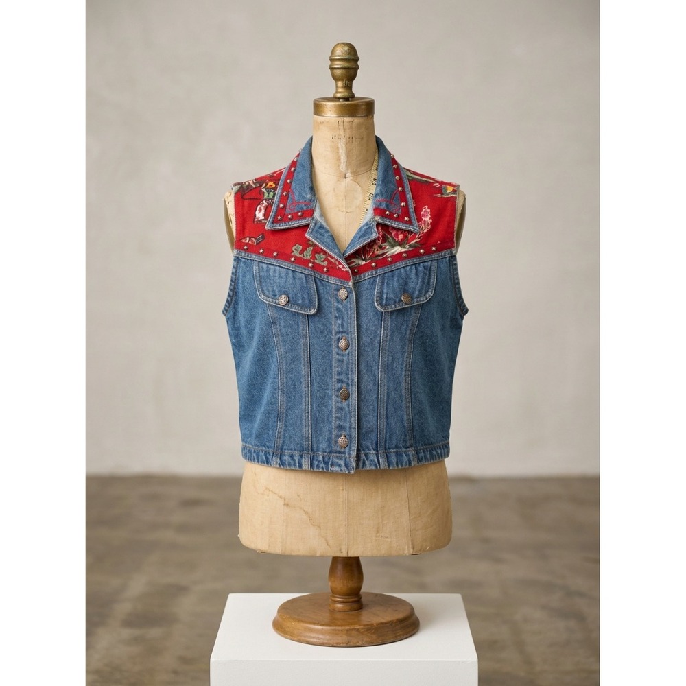 Signature Gordon & James Denim Vest Western Red Tapestry Studded Cowboy Large